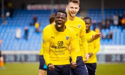 Deedson Louicius célébrant son but avec l'Hobro IK